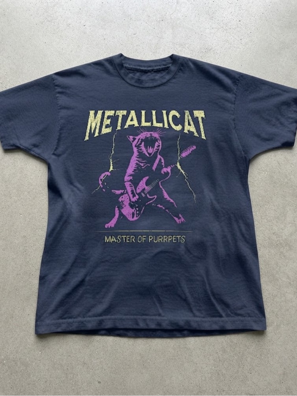 Metallicat Rock Cat Guitar Graphic Print Navy Blue Cotton Gildan T-shirt